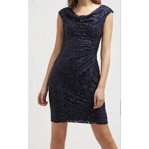 LAUREN RALPH LAUREN Sequin Lace Sheath Dress 10 Petite Navy Gathered Party